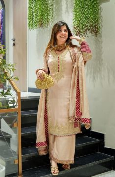 PEACH GOLDEN EMBROIDERED FESTIVE SUIT