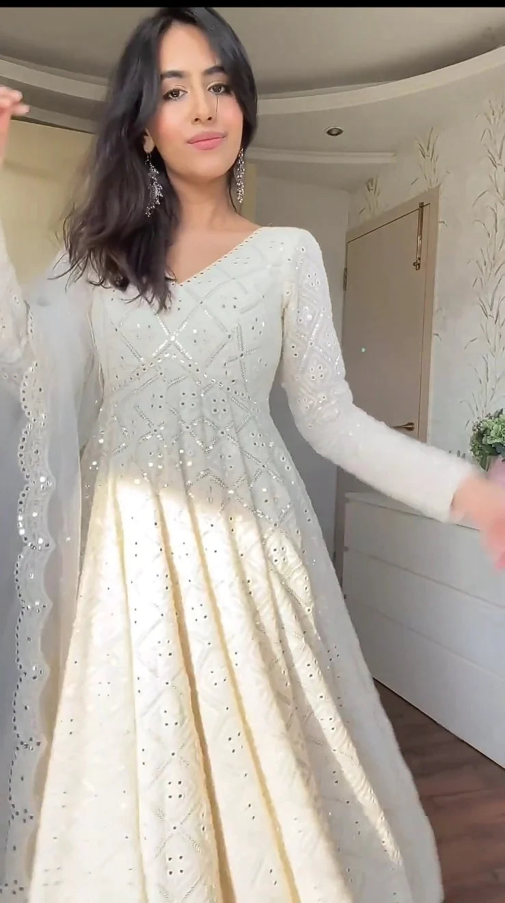 SHANAYA WHITE EMBROIDERED GEORGETTE ANARKALI FULLY STITCHED SUIT SET