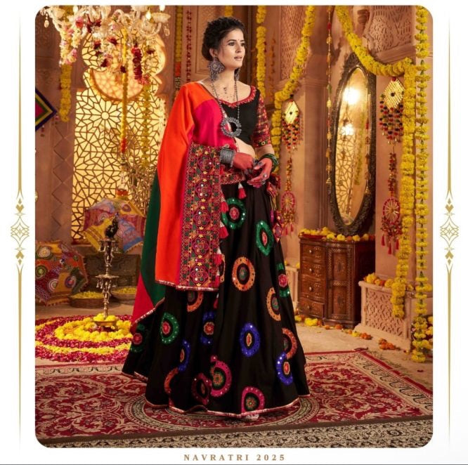 BLACK NAVRATRI CHANIYA CHOLI WITH MULTICOLOR MIRROR WORK