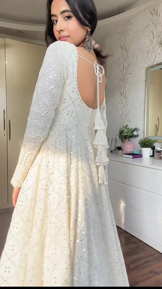 SHANAYA WHITE EMBROIDERED GEORGETTE ANARKALI FULLY STITCHED SUIT SET