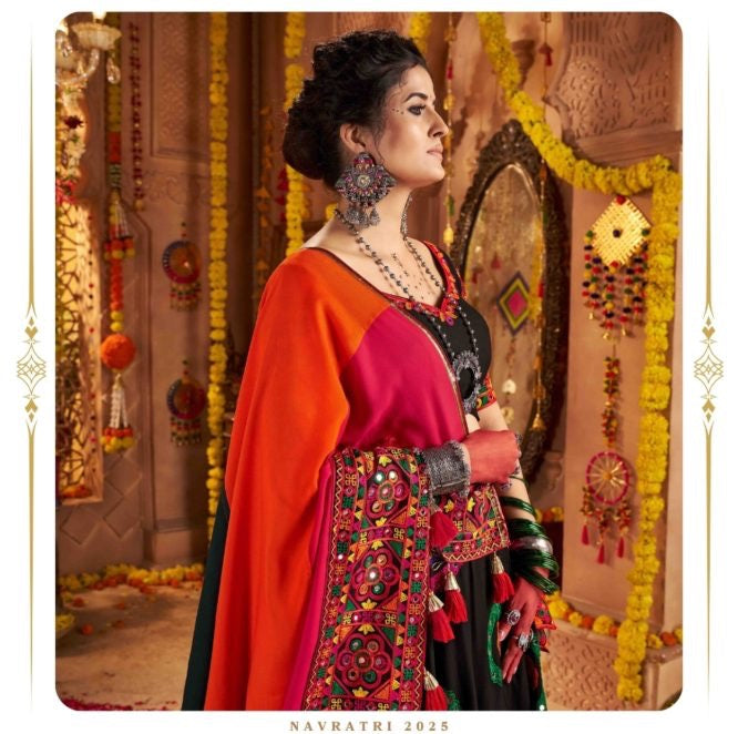 BLACK NAVRATRI CHANIYA CHOLI WITH MULTICOLOR MIRROR WORK