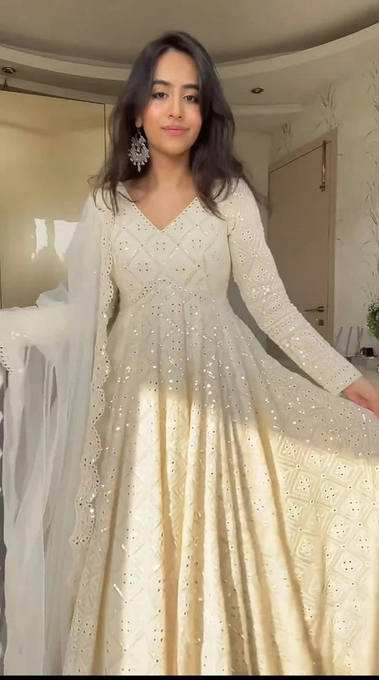 SHANAYA WHITE EMBROIDERED GEORGETTE ANARKALI FULLY STITCHED SUIT SET