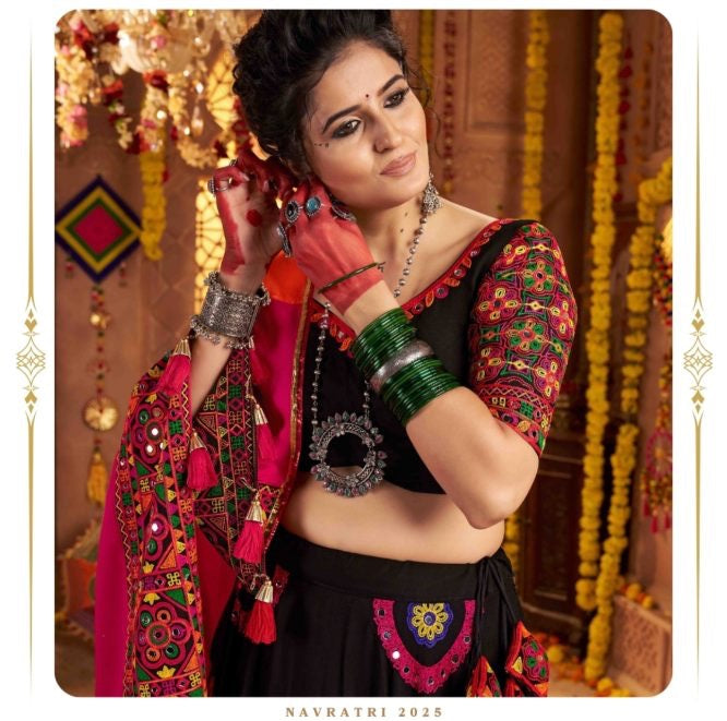 BLACK NAVRATRI CHANIYA CHOLI WITH MULTICOLOR MIRROR WORK