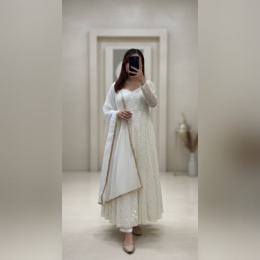 Rashmi White Embroidered Anarkali Suit Set