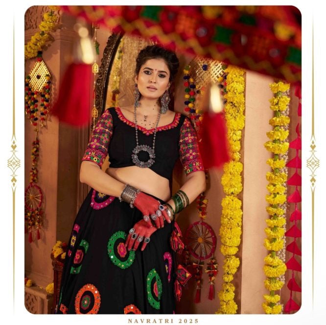 BLACK NAVRATRI CHANIYA CHOLI WITH MULTICOLOR MIRROR WORK