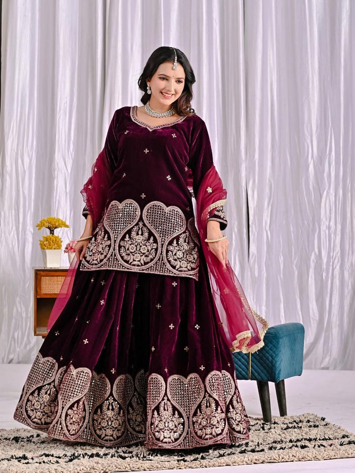 Shanya Velvet Maroon Royal Sharara Set