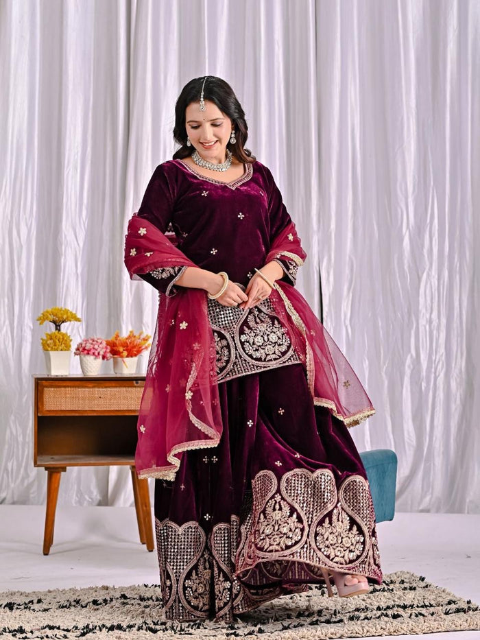 Shanya Velvet Maroon Royal Sharara Set