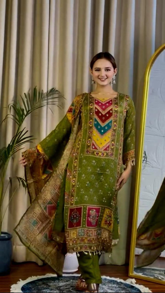 Green Multi-Color Embroidered Printed Suit with Dupatta