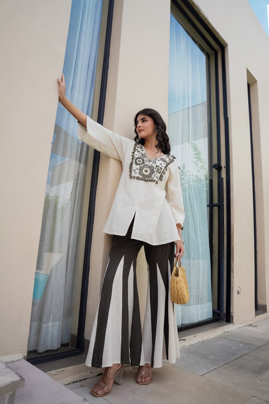 Monochrome Floral Embroidered Kurta with Contrast Flared Palazzo