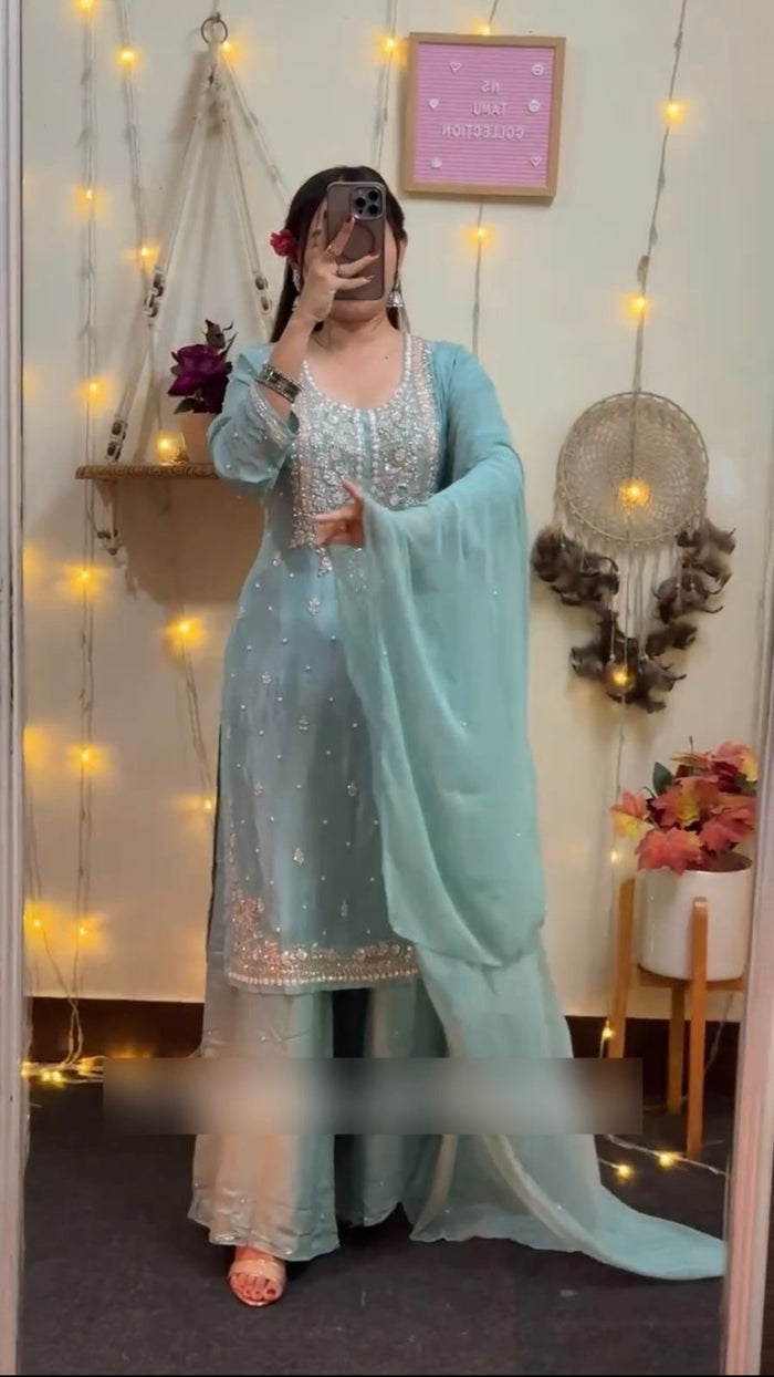 Siyara Celestial Blue Georgette Palazzo Suit