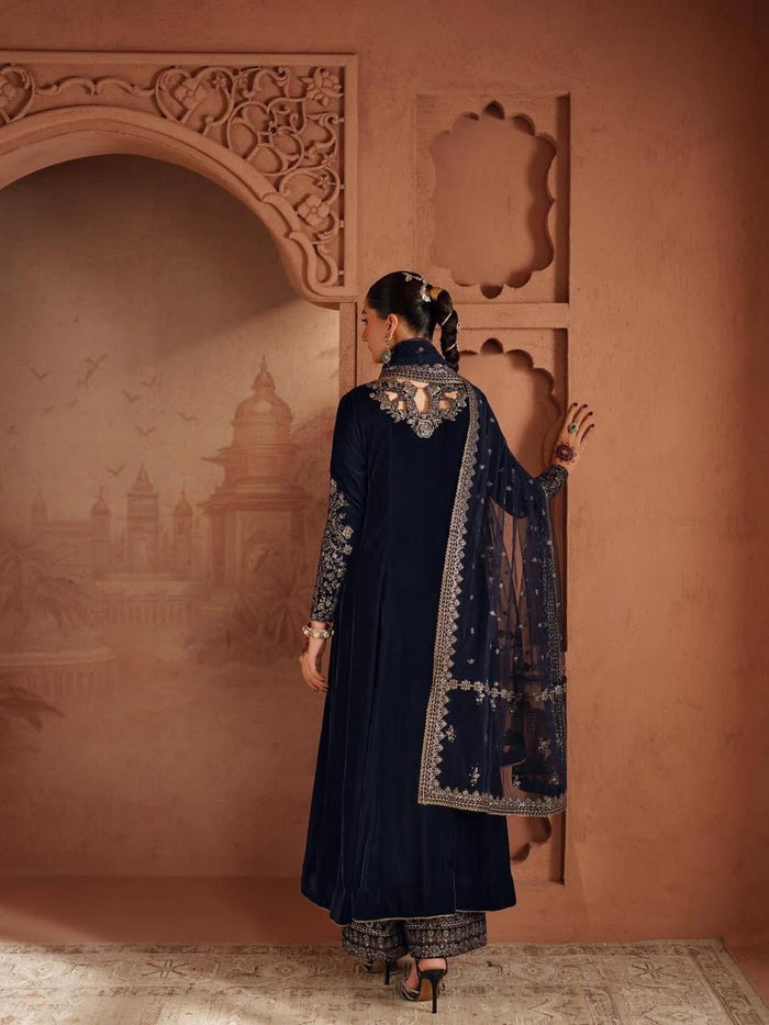 Zeenat Velvet Embroidered Gown Plazzo Set