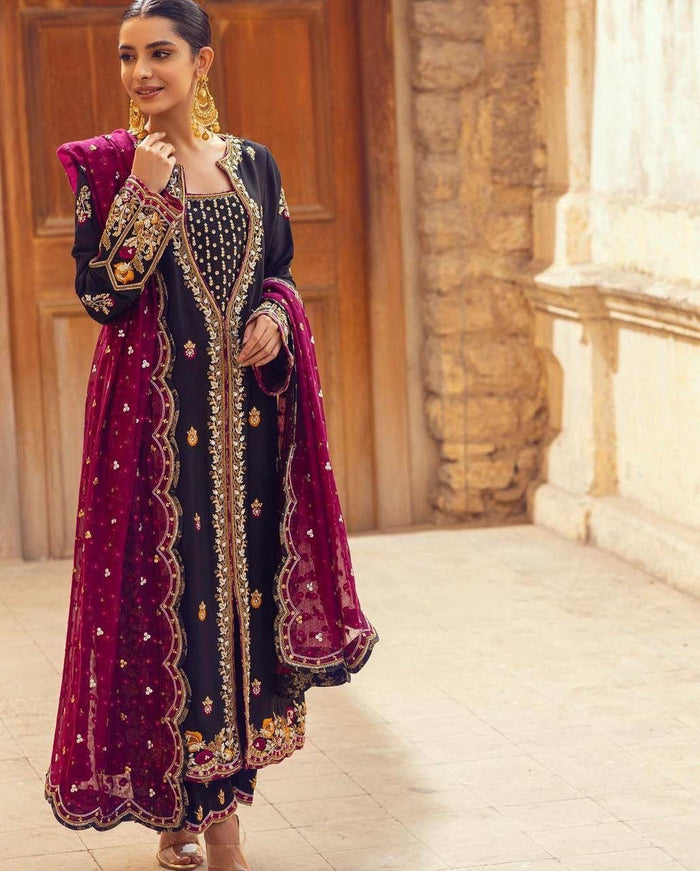 Kiyara Imperial Wine Velvet Embroidered Set