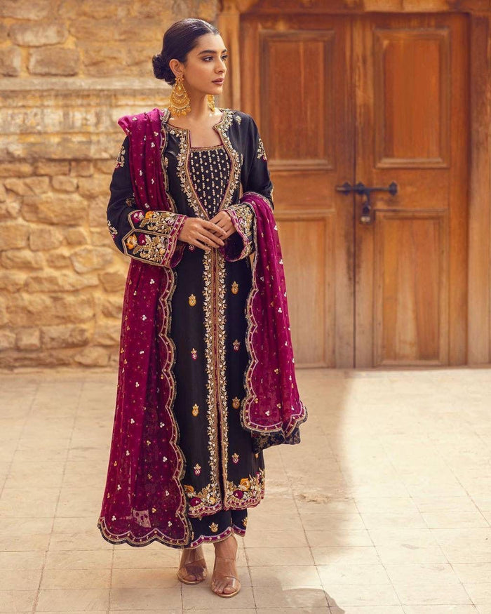 Kiyara Imperial Wine Velvet Embroidered Set