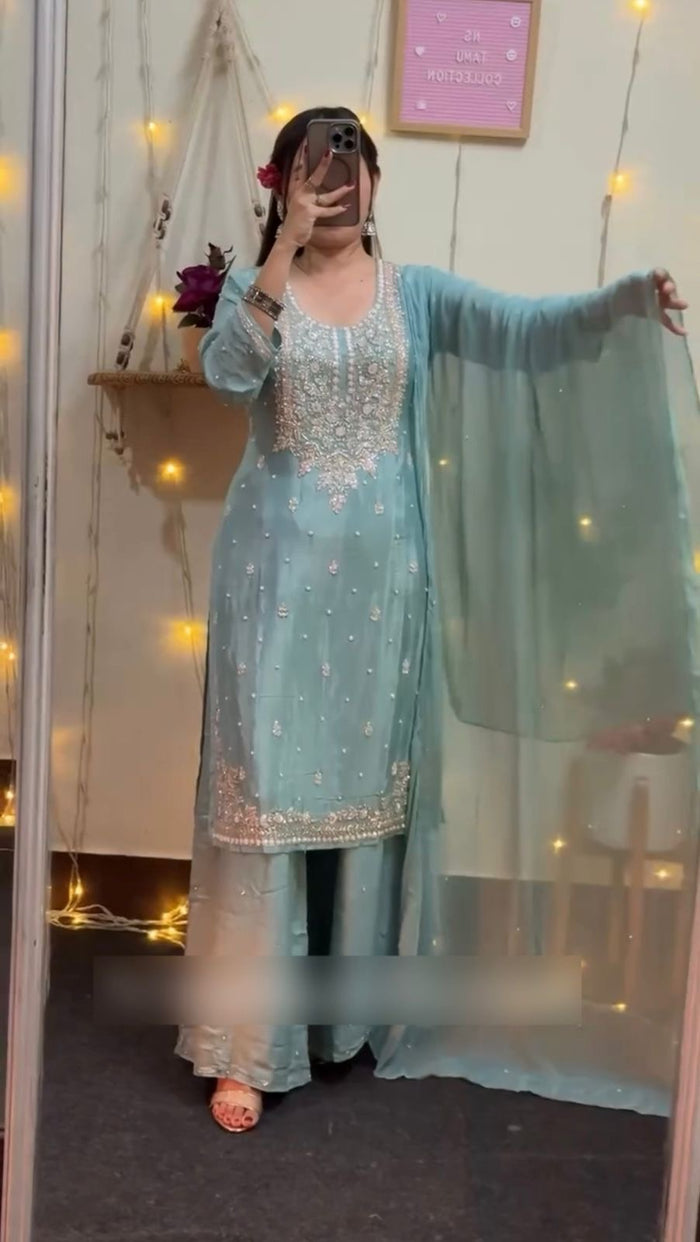 Siyara Celestial Blue Georgette Palazzo Suit