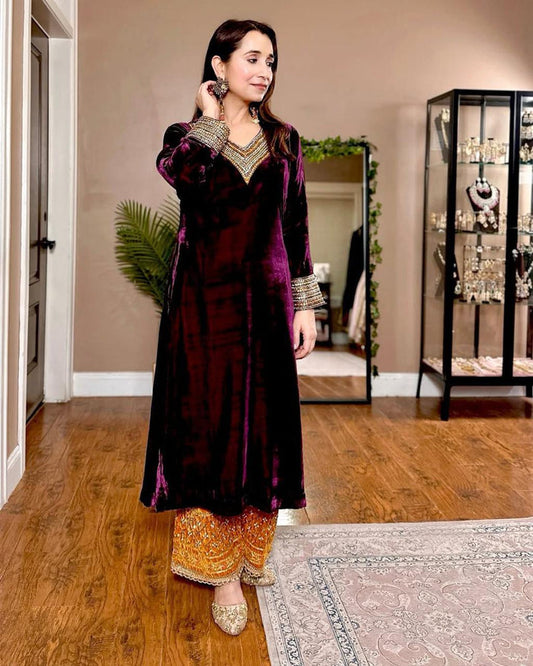Zeenat Plum Mirror-Velvet Embroidered Ensemble