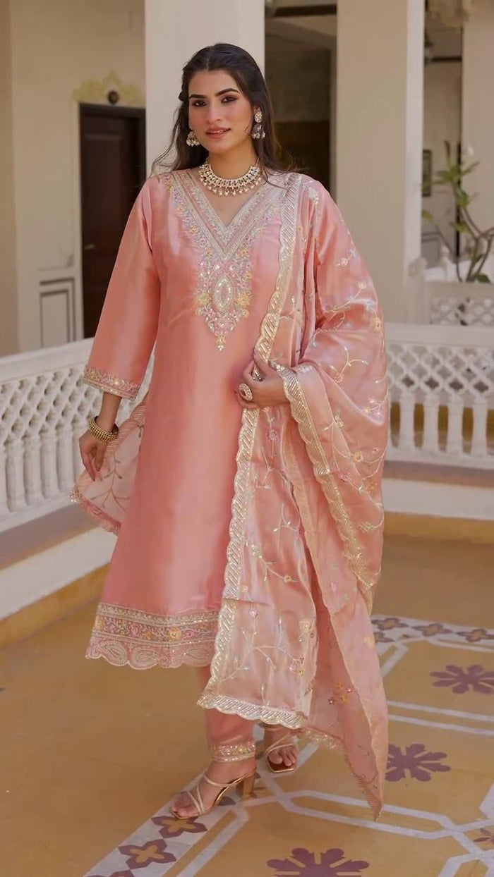 Ornate Silk Kurta with Embroidered Dupatta