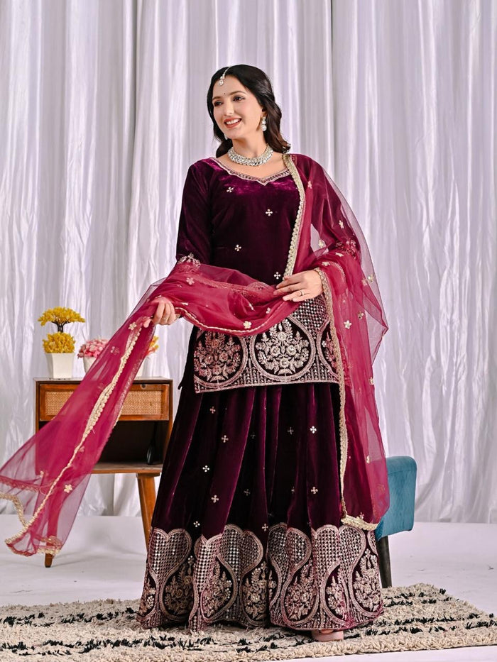 Shanya Velvet Maroon Royal Sharara Set