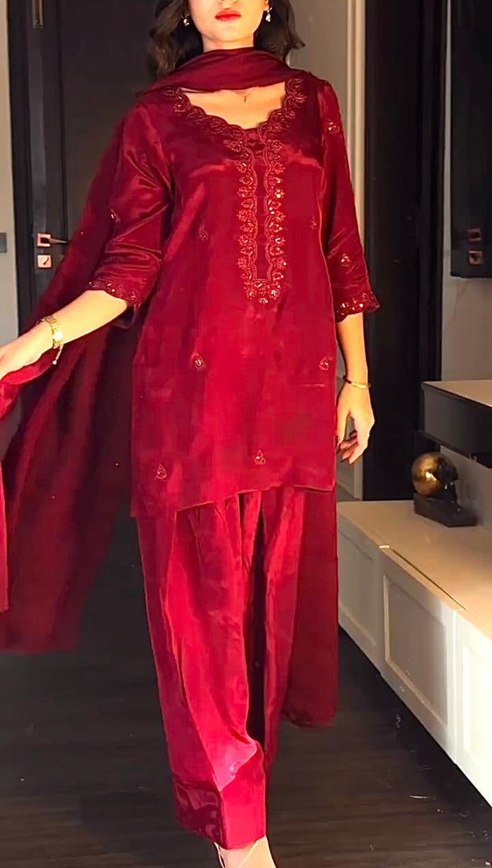 ROSE Elegant Red Embroidered Kurta Set