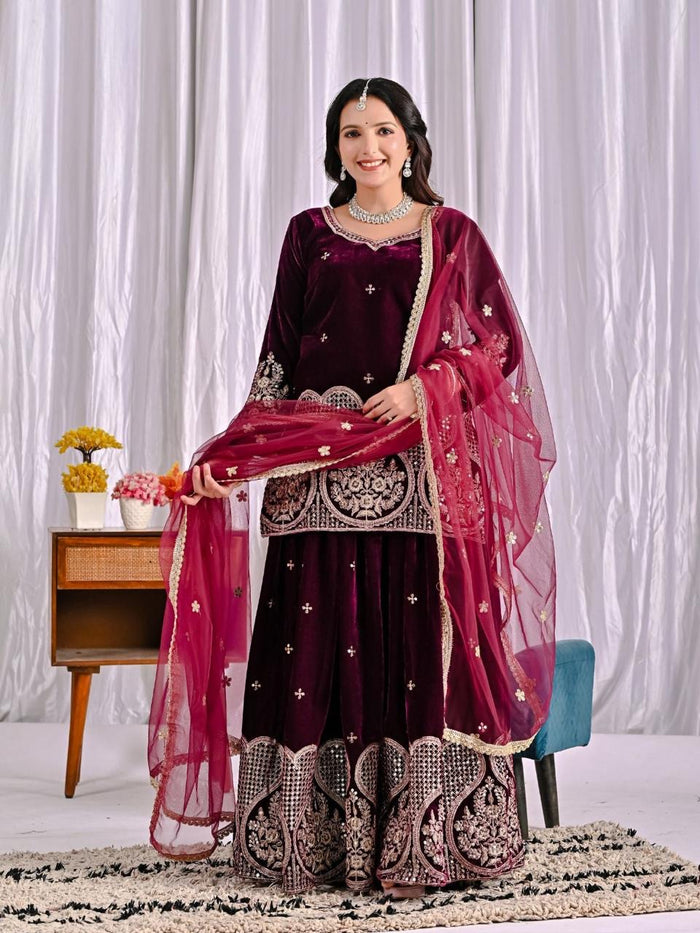 Shanya Velvet Maroon Royal Sharara Set