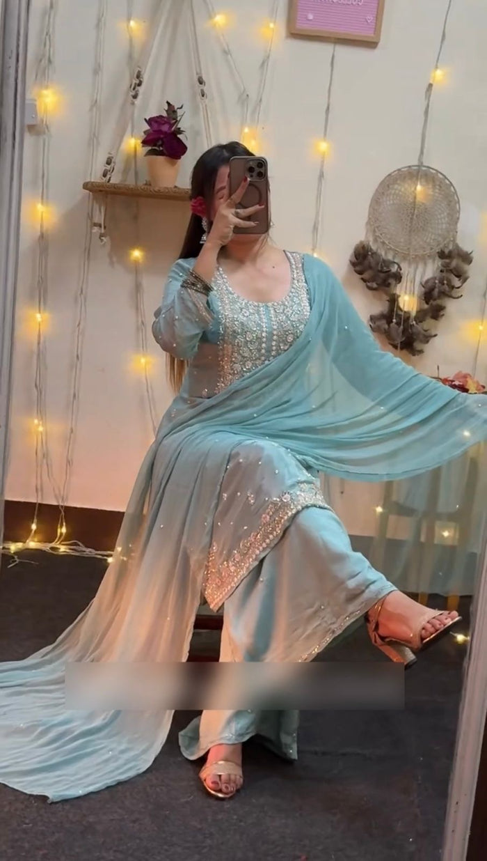 Siyara Celestial Blue Georgette Palazzo Suit