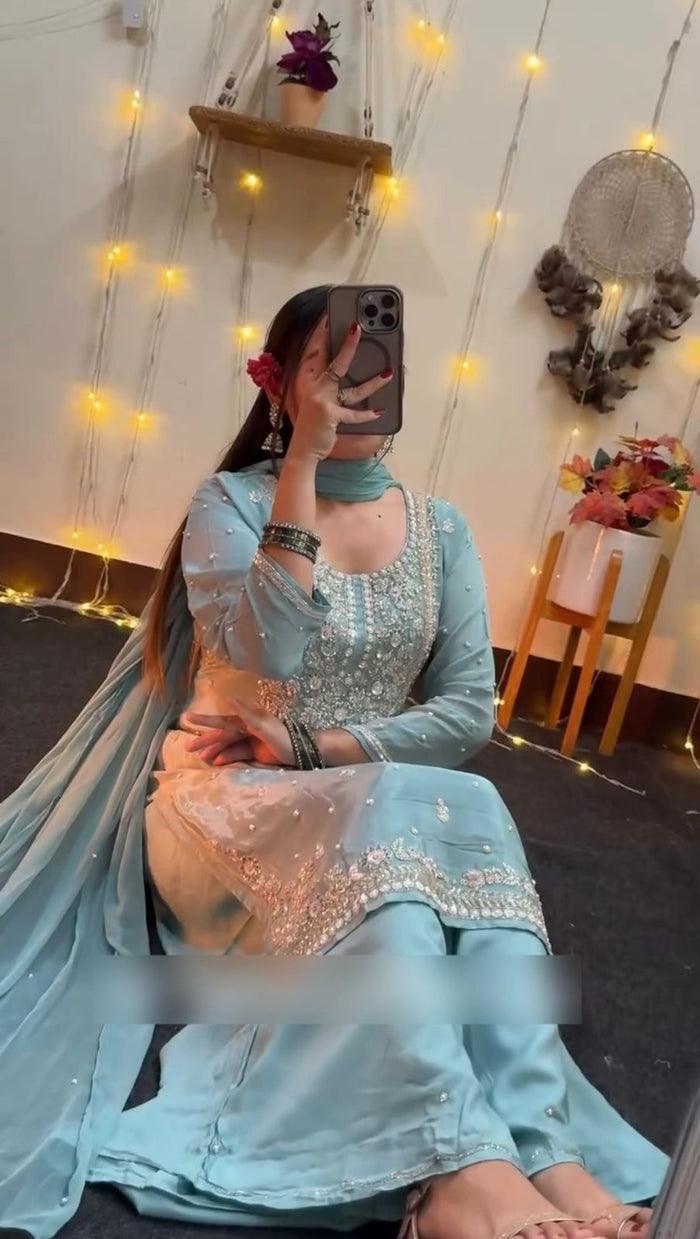 Siyara Celestial Blue Georgette Palazzo Suit