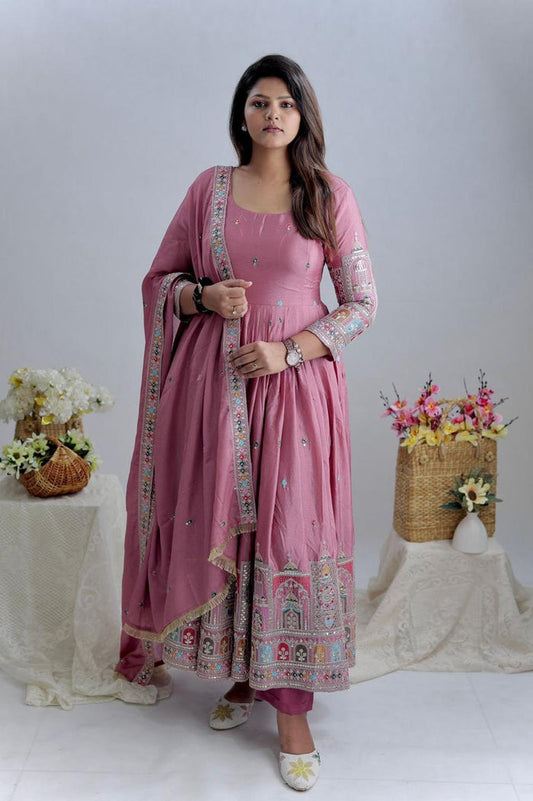 Dusty Pink Embroidered Anarkali Suit with Dupatta