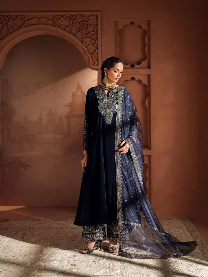 Zeenat Velvet Embroidered Gown Plazzo Set