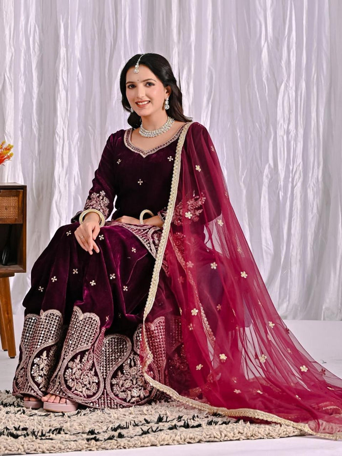 Shanya Velvet Maroon Royal Sharara Set