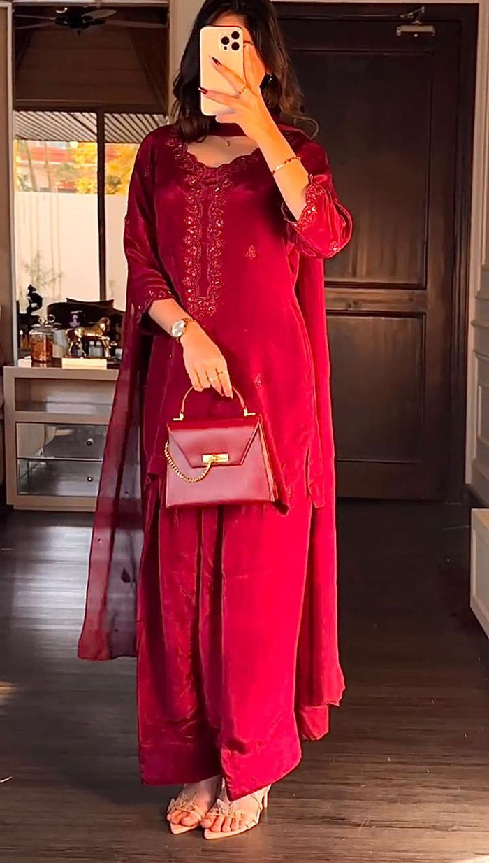 ROSE Elegant Red Embroidered Kurta Set