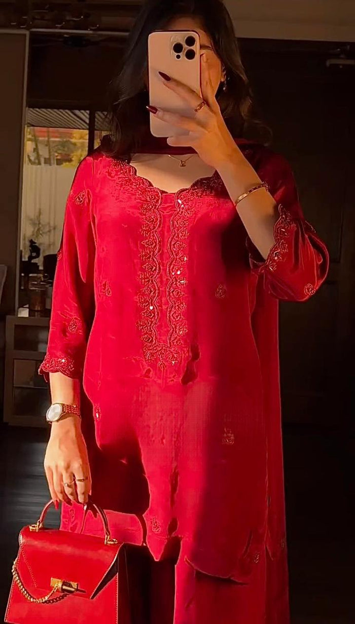 ROSE Elegant Red Embroidered Kurta Set
