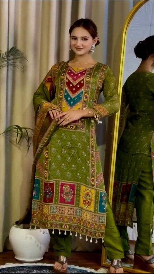 Green Multi-Color Embroidered Printed Suit with Dupatta