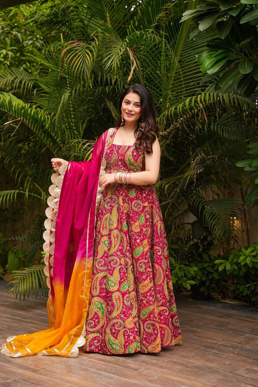 Bandhej Paisley Printed Anarkali with Ombre Dupatta