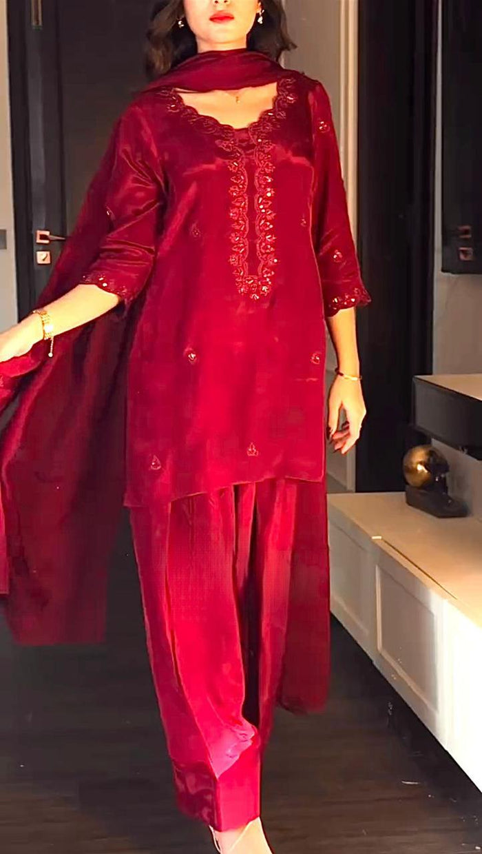 ROSE Elegant Red Embroidered Kurta Set