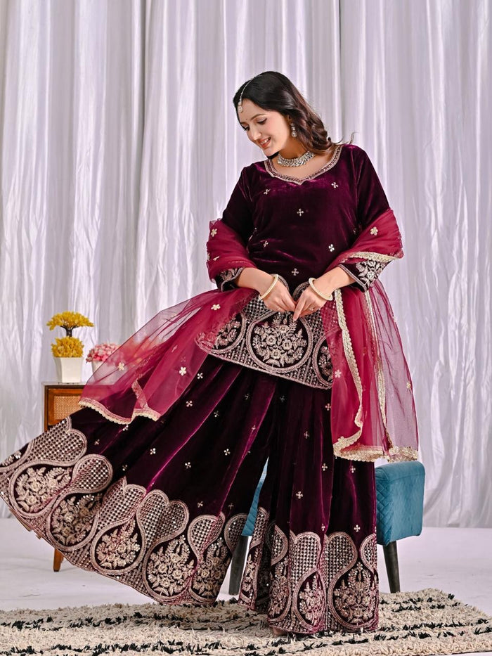 Shanya Velvet Maroon Royal Sharara Set