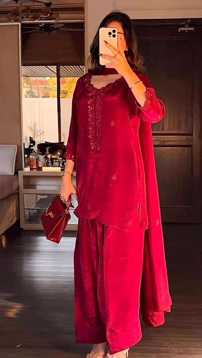 ROSE Elegant Red Embroidered Kurta Set