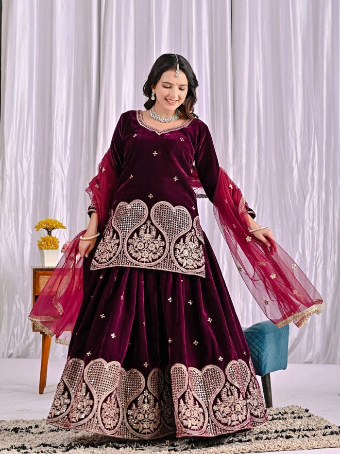 Shanya Velvet Maroon Royal Sharara Set