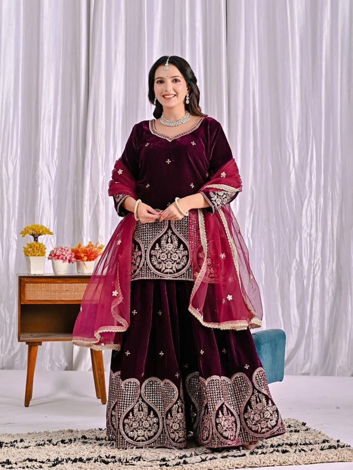 Shanya Velvet Maroon Royal Sharara Set